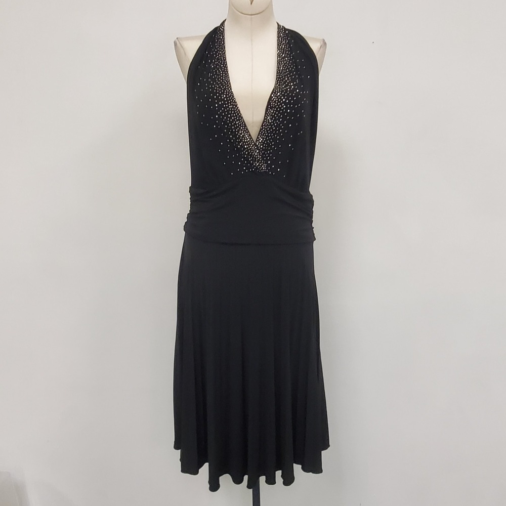 Vintage Varga Womens Plunge Babydoll Rhinestone Drape‎ Back Dress Size M Black